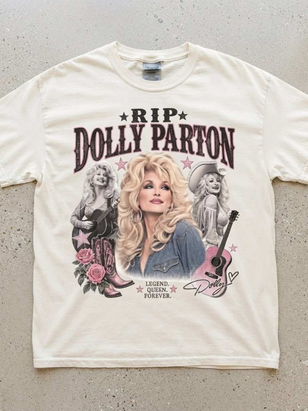 Dolly Parton RIP Graphic Tee - Cream with Pink Accents
